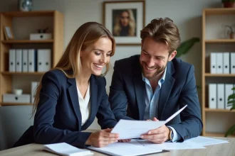 Organisatrice de mariage avec un couple dans un bureau lumineux