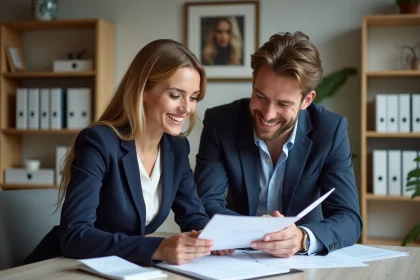 Organisatrice de mariage avec un couple dans un bureau lumineux