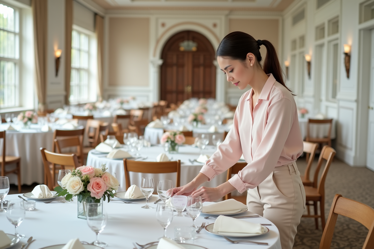 Femme organisatrice arrangeant les cartes de nom et fleurs