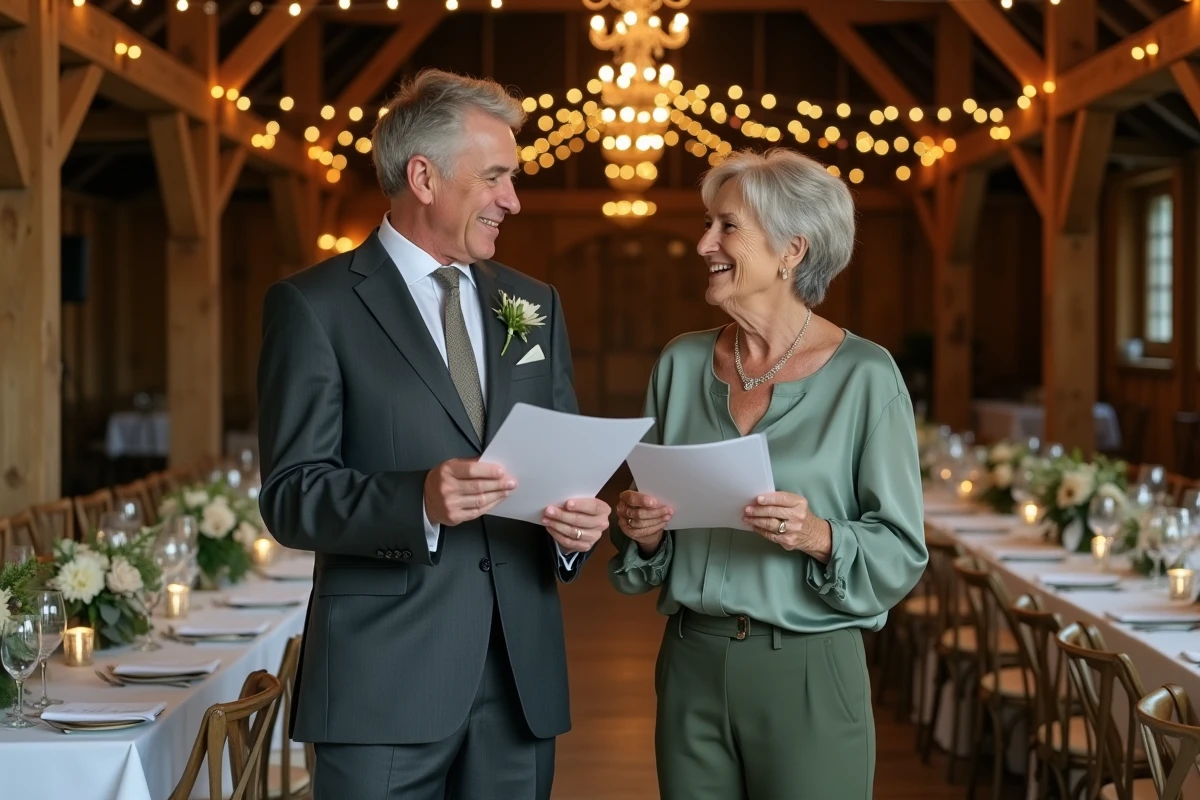 Parents des mariés présentant un discours commun dans une salle de mariage rustique en bois