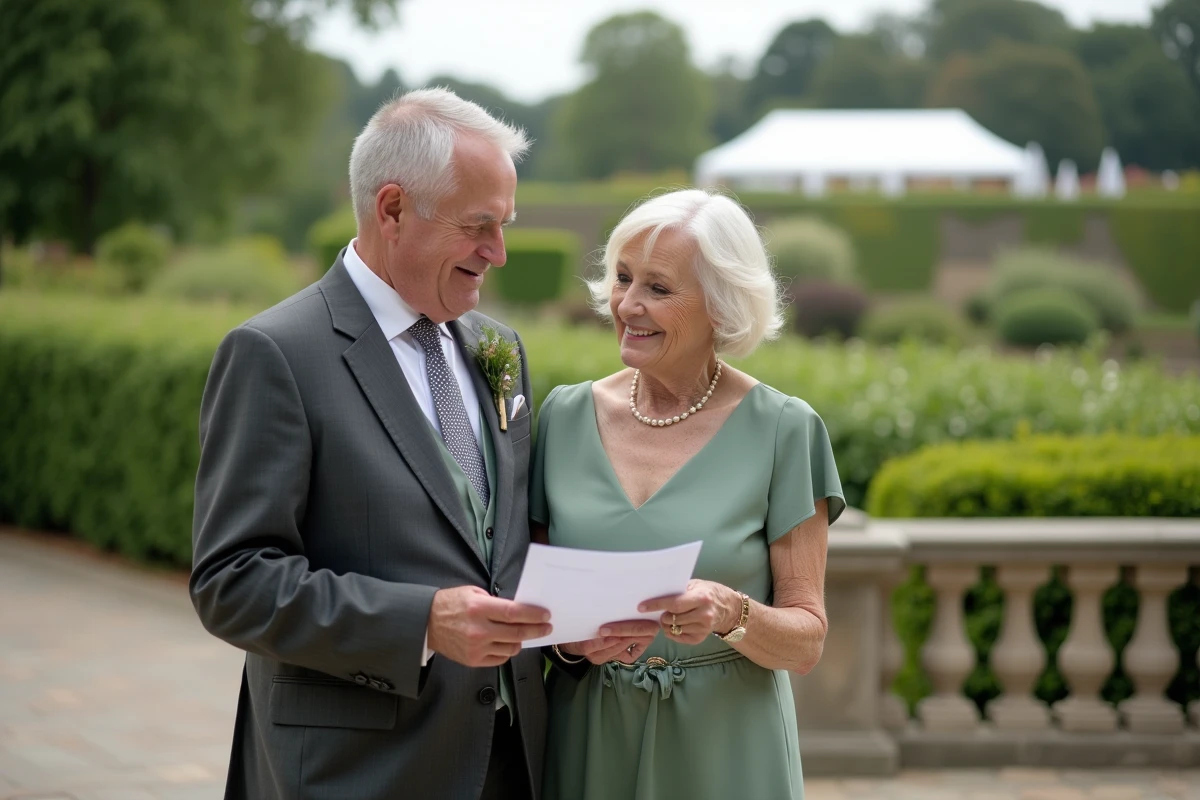 Parents des mariés préparant ensemble leur discours commun sur une terrasse de domaine de mariage