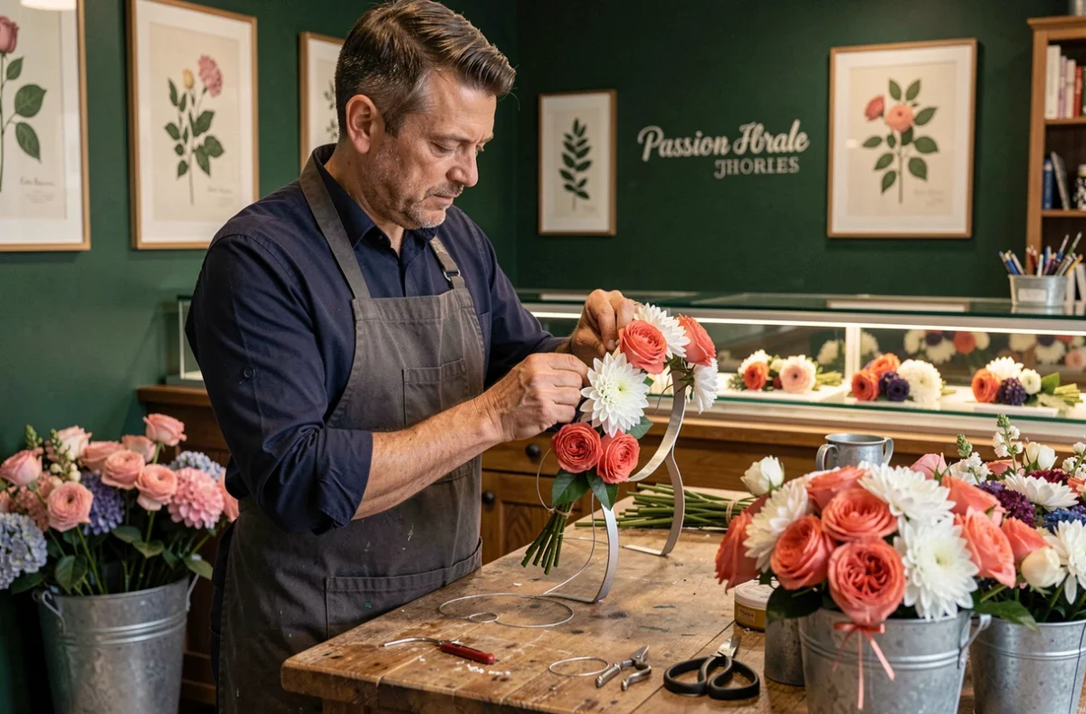 Fleuriste de Passion Florale confectionnant une couronne florale de mariage avec des roses corail et des dahlias blancs sur un établi en bois
