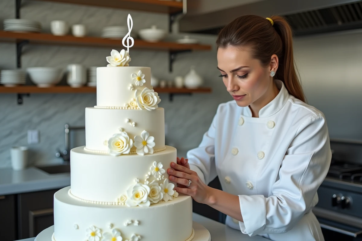 Pâtissière décorant un gâteau de mariage avec des notes de musique en sucre pour un second mariage