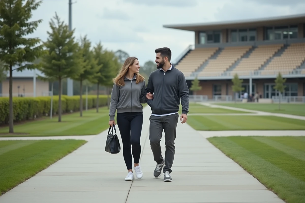 Couple en tenue décontractée chic se promenant dans un complexe sportif extérieur moderne, photographie documentaire réaliste