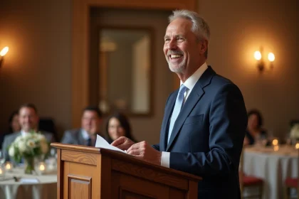 Père de marié donnant un discours émouvant lors d'une réception de mariage, tenant des notes à un pupitre en bois