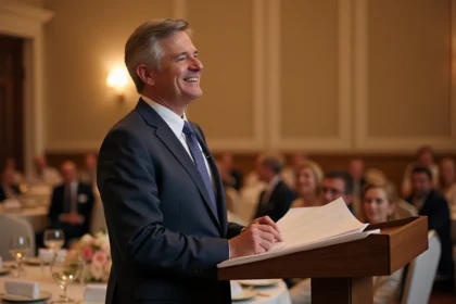 Père de marié faisant un discours émouvant lors d'un mariage dans une salle de réception élégante