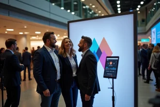 Photobooth entreprise installé lors d'un événement corporate avec professionnels souriants devant un fond personnalisé aux couleurs de la marque