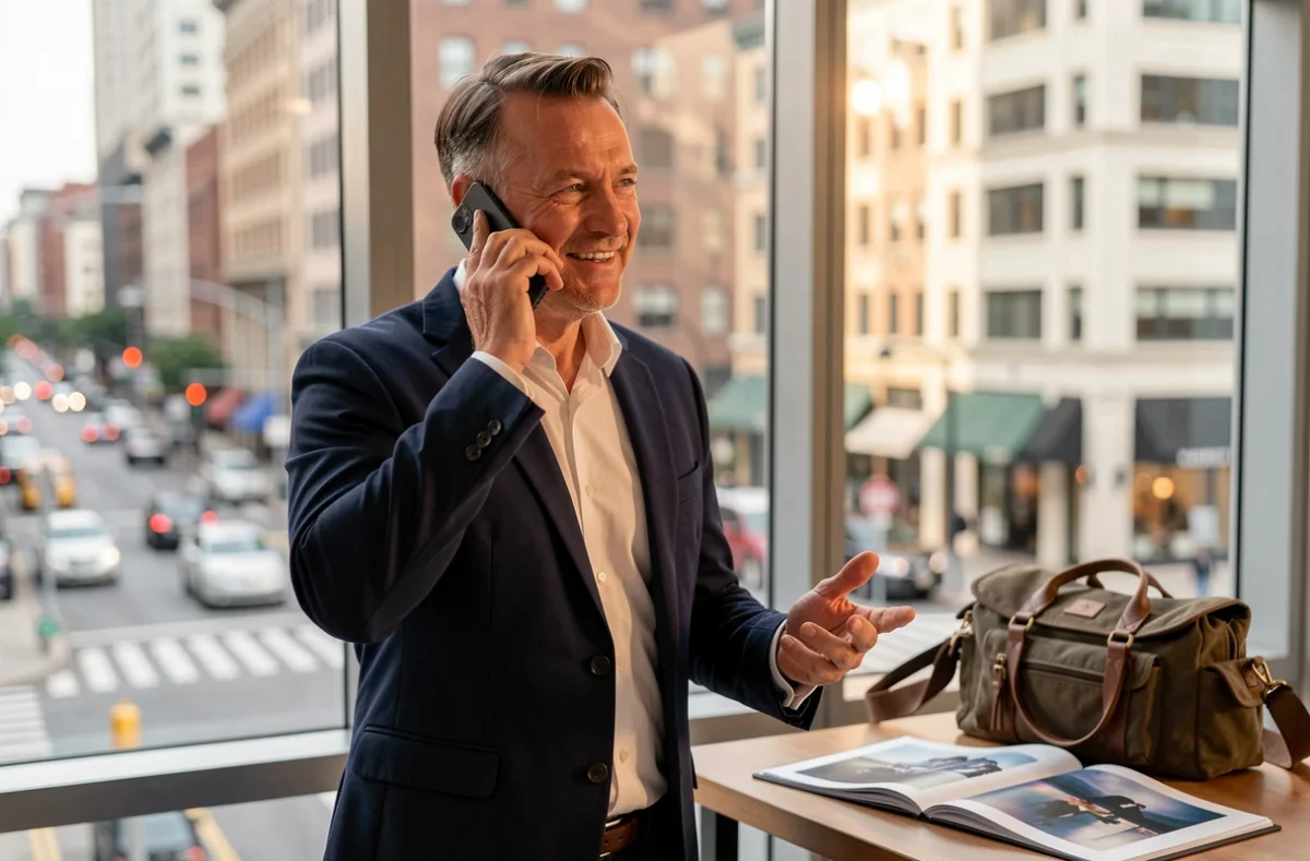 Photographe en blazer discutant d'un projet par téléphone devant une fenêtre avec vue sur la ville
