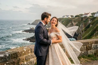 Couple de mariés photographié sur les falaises de la côte basque près de Biarritz, mer Atlantique en arrière-plan