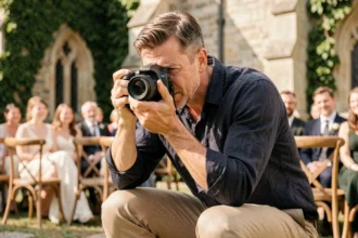 Photographe professionnel en action lors d'une cérémonie de mariage en extérieur, appareil photo reflex à la main