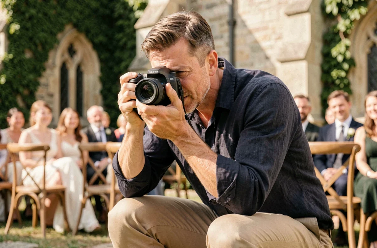 Photographe professionnel en action lors d'une cérémonie de mariage en extérieur, appareil photo reflex à la main