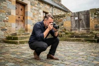 Photographe de mariage professionnel en action dans un village breton d'Ille-et-Vilaine