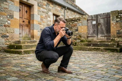Photographe de mariage professionnel en action dans un village breton d'Ille-et-Vilaine