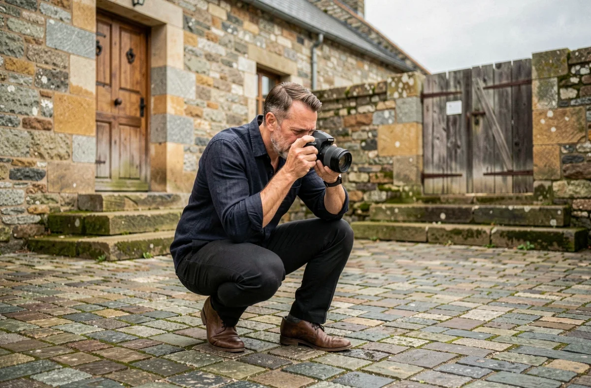 Photographe de mariage professionnel en action dans un village breton d'Ille-et-Vilaine