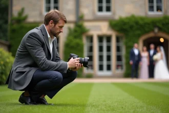 Photographe de mariage de luxe en action devant un château français lors d'une réception haut de gamme