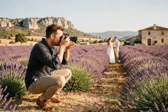 Photographe de mariage professionnel en train de shooter un couple dans un champ de lavande en Occitanie