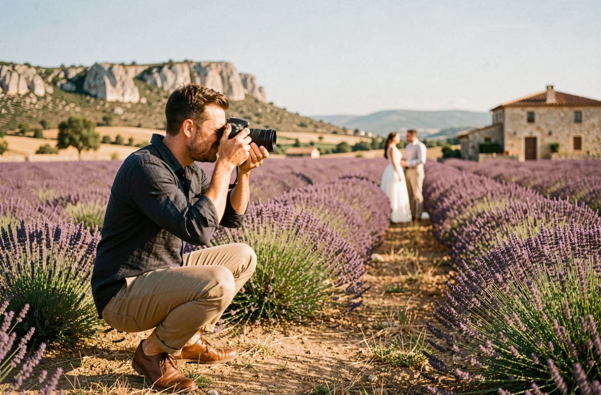 Photographe de mariage professionnel en train de shooter un couple dans un champ de lavande en Occitanie