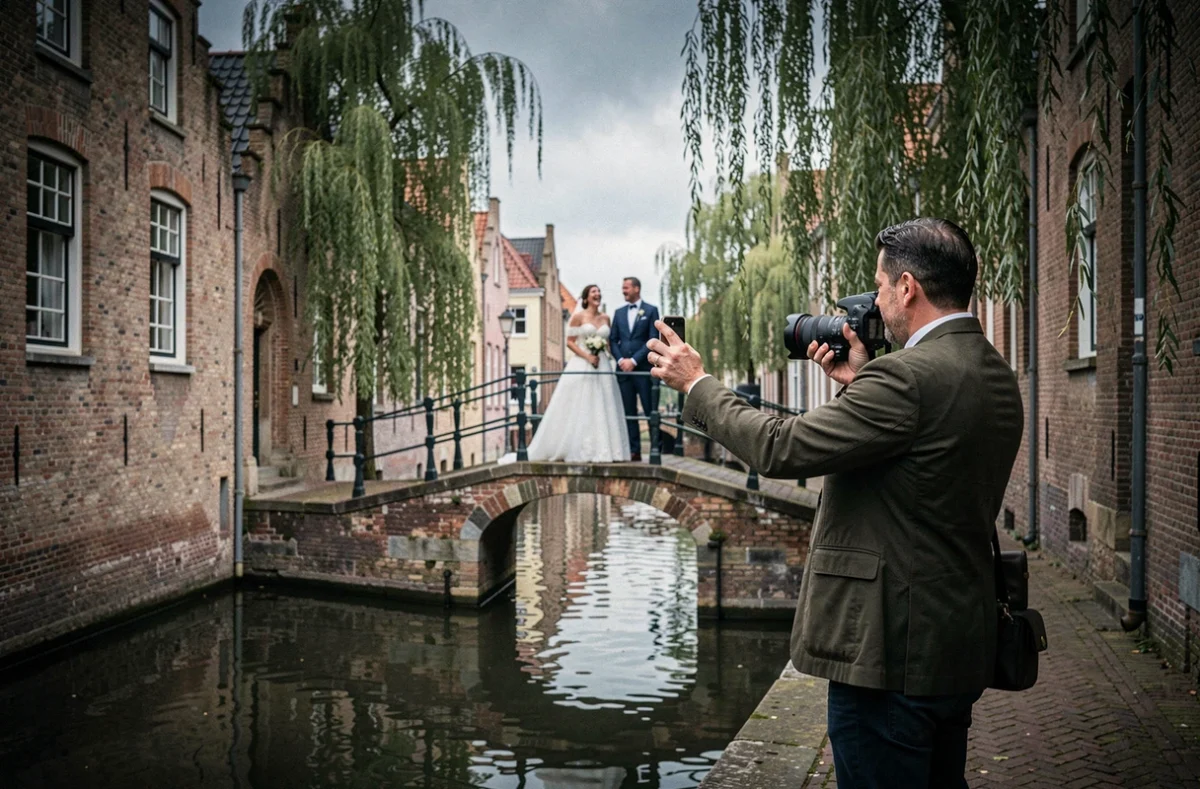 Photographe de mariage en pleine séance photo avec des mariés sur un pont à Bruges
