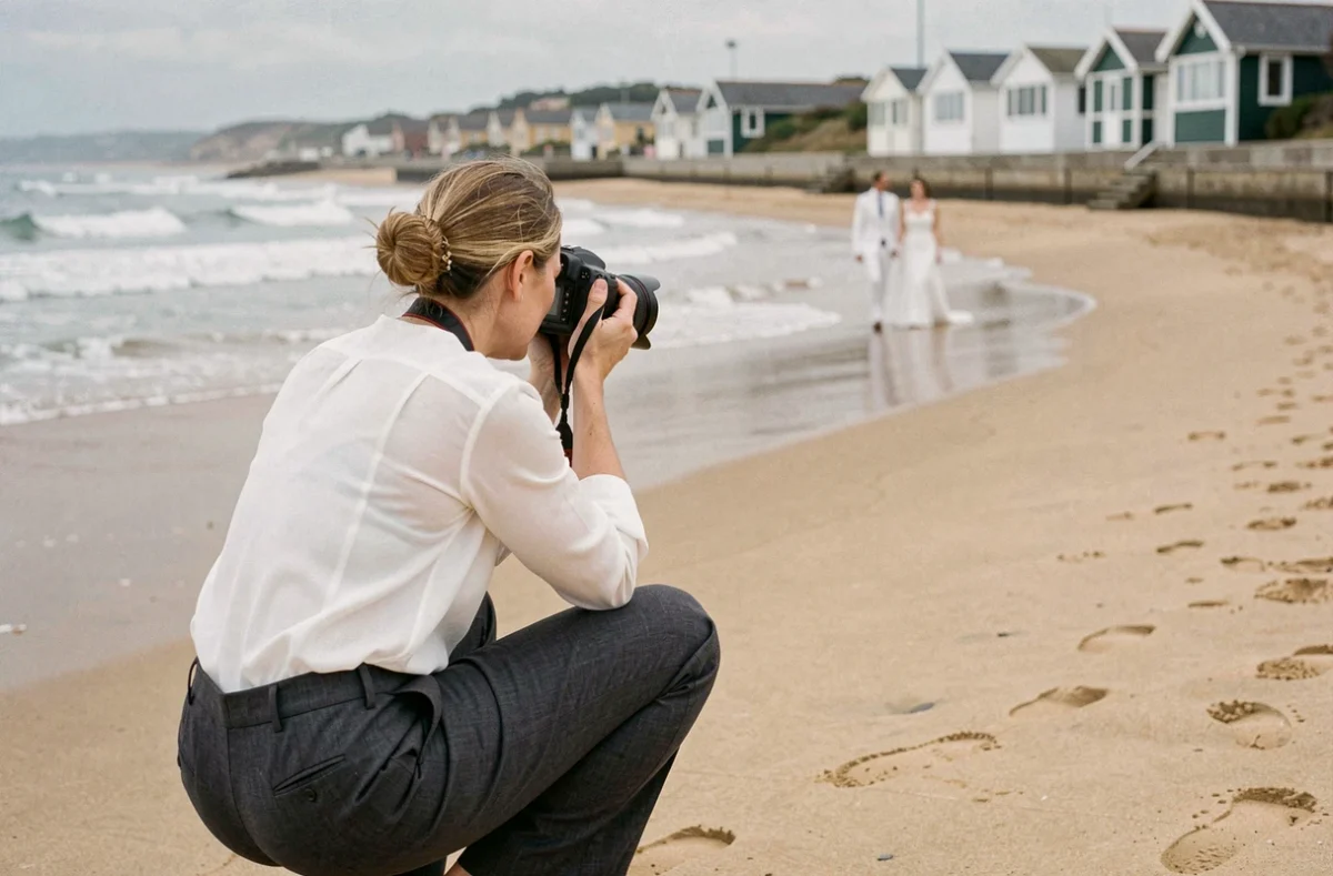 Photographe professionnelle au travail sur la plage de Biarritz lors d'une séance photo de mariage
