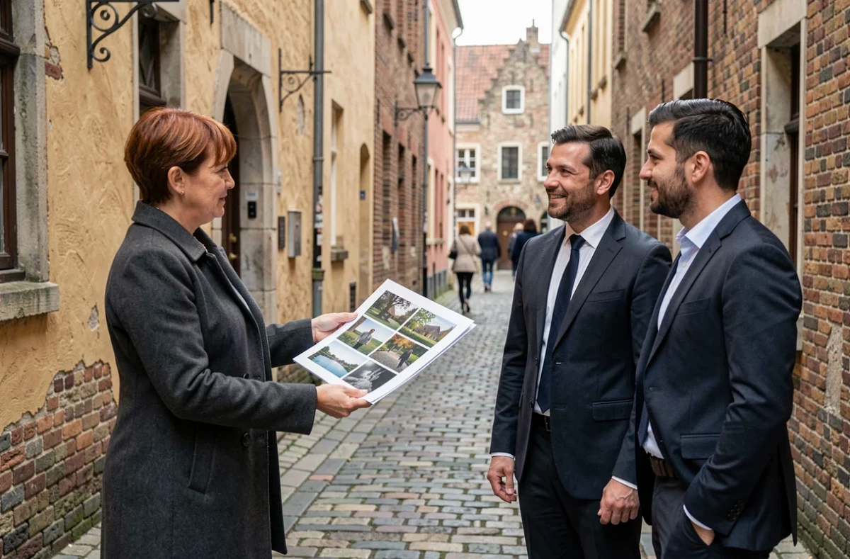 Photographe présentant un portfolio à des clients dans une ruelle pittoresque de Bruges