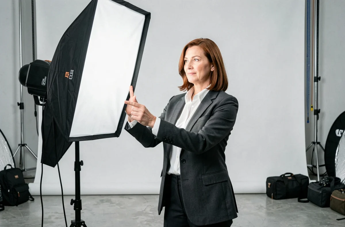 Photographe de portrait professionnelle dans son studio, ajustant l'équipement devant un fond blanc