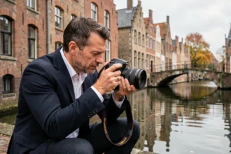 Photographe professionnel en train de travailler au bord du canal de Bruges avec un appareil photo reflex
