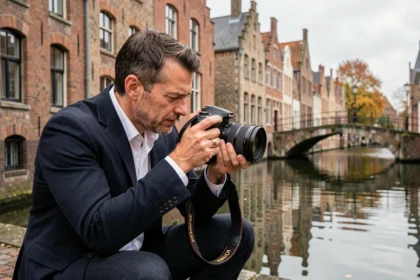 Photographe professionnel en train de travailler au bord du canal de Bruges avec un appareil photo reflex