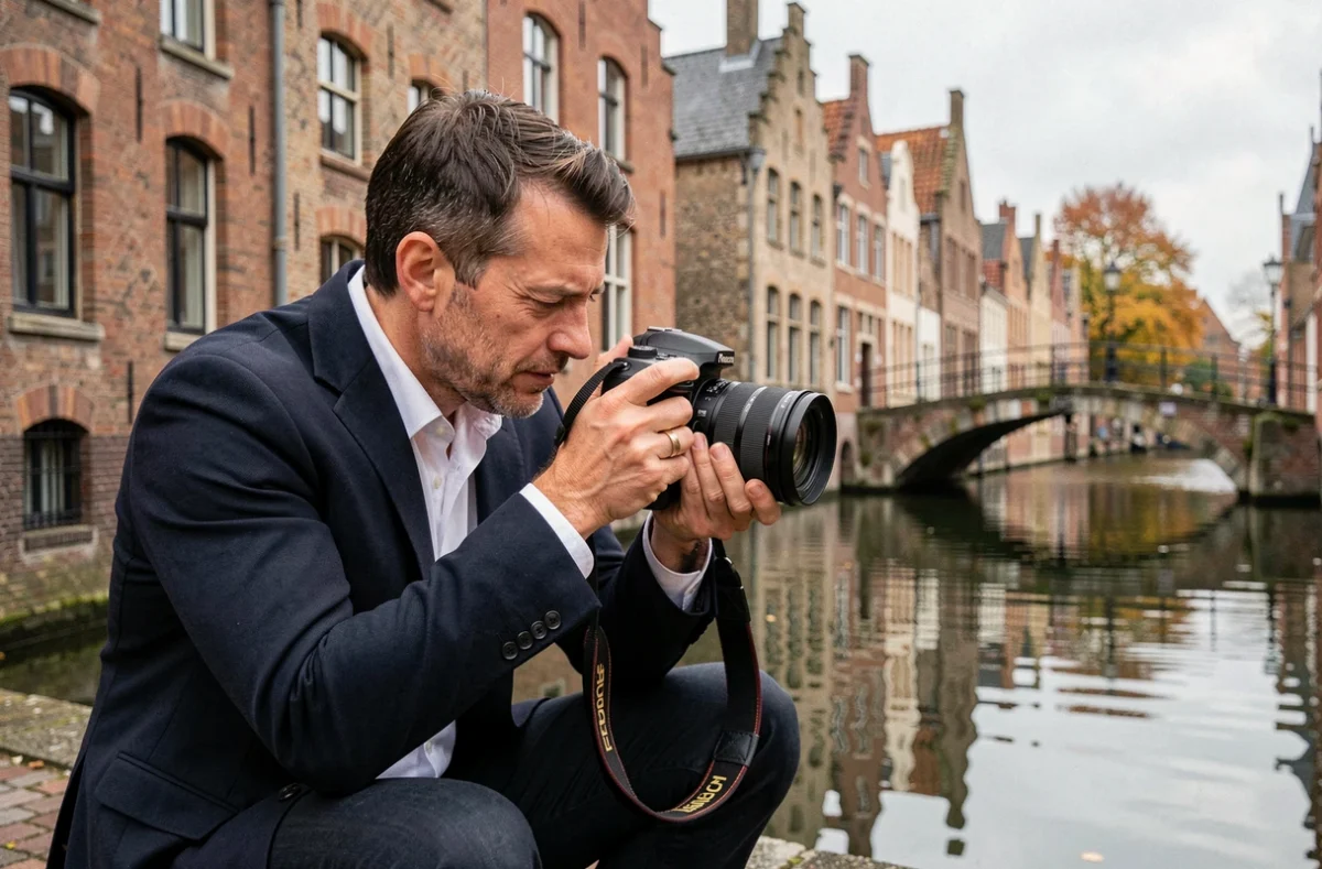 Photographe professionnel en train de travailler au bord du canal de Bruges avec un appareil photo reflex