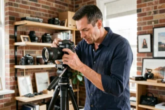 Photographe professionnel ajustant son appareil photo sur trépied dans un studio urbain aux murs en briques