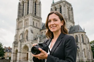 Photographe professionnelle devant la cathédrale de Laon tenant un appareil photo reflex