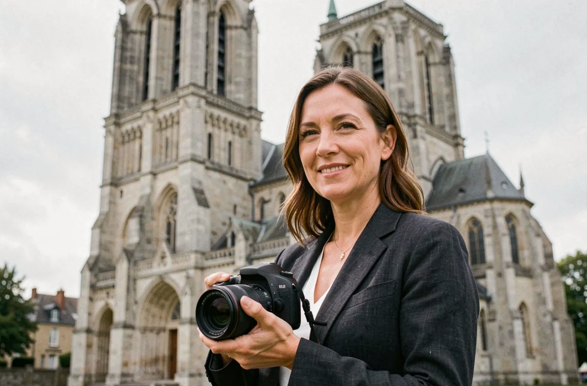Photographe professionnelle devant la cathédrale de Laon tenant un appareil photo reflex