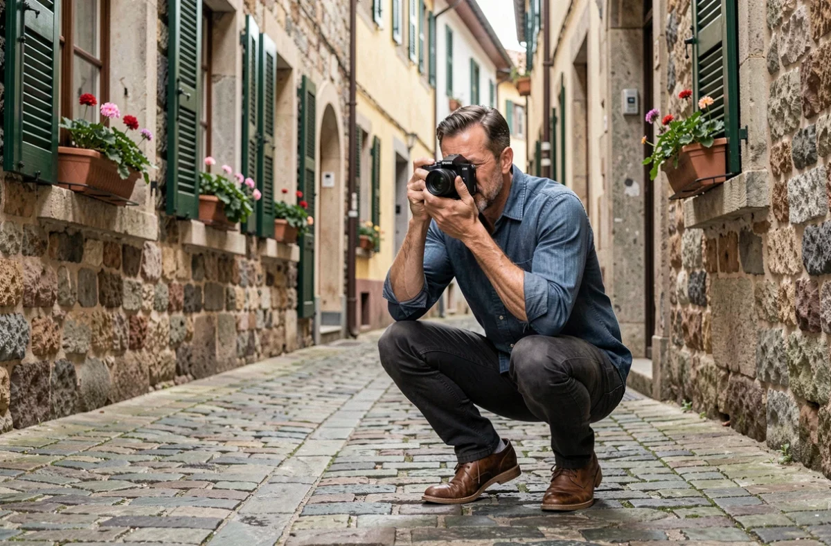 Photographe en reportage accroupi dans une ruelle pavée européenne avec son appareil photo