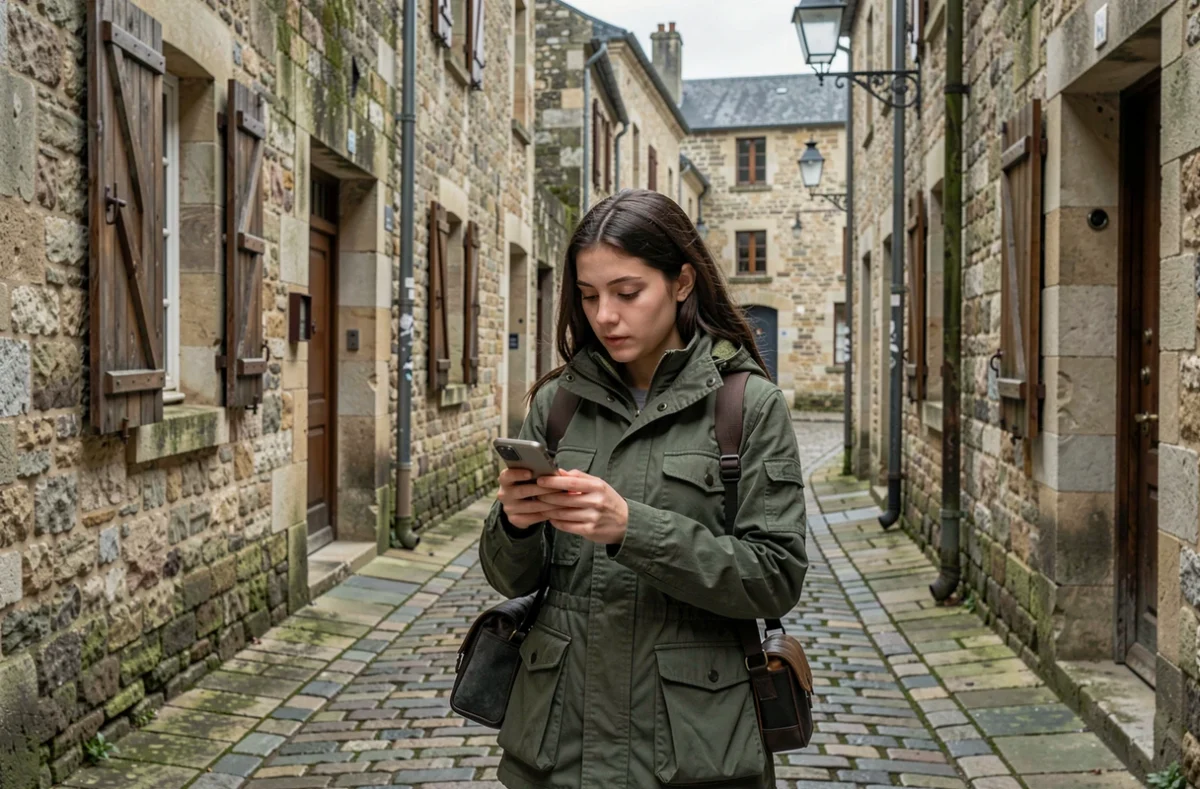 Photographe marchant dans les rues pavées de la ville haute de Laon avec son matériel