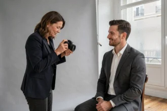 Photographe professionnelle en studio parisien prenant un portrait CV d'un homme en costume