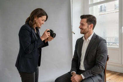 Photographe professionnelle en studio parisien prenant un portrait CV d'un homme en costume