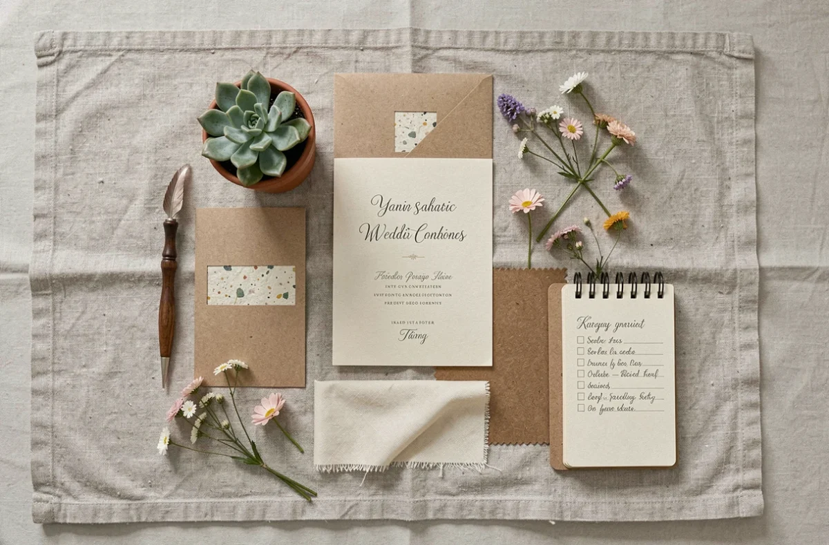 Flat-lay de planification de mariage écoresponsable avec papeterie recyclée, cartons en kraft, fleurs séchées et carnets artisanaux