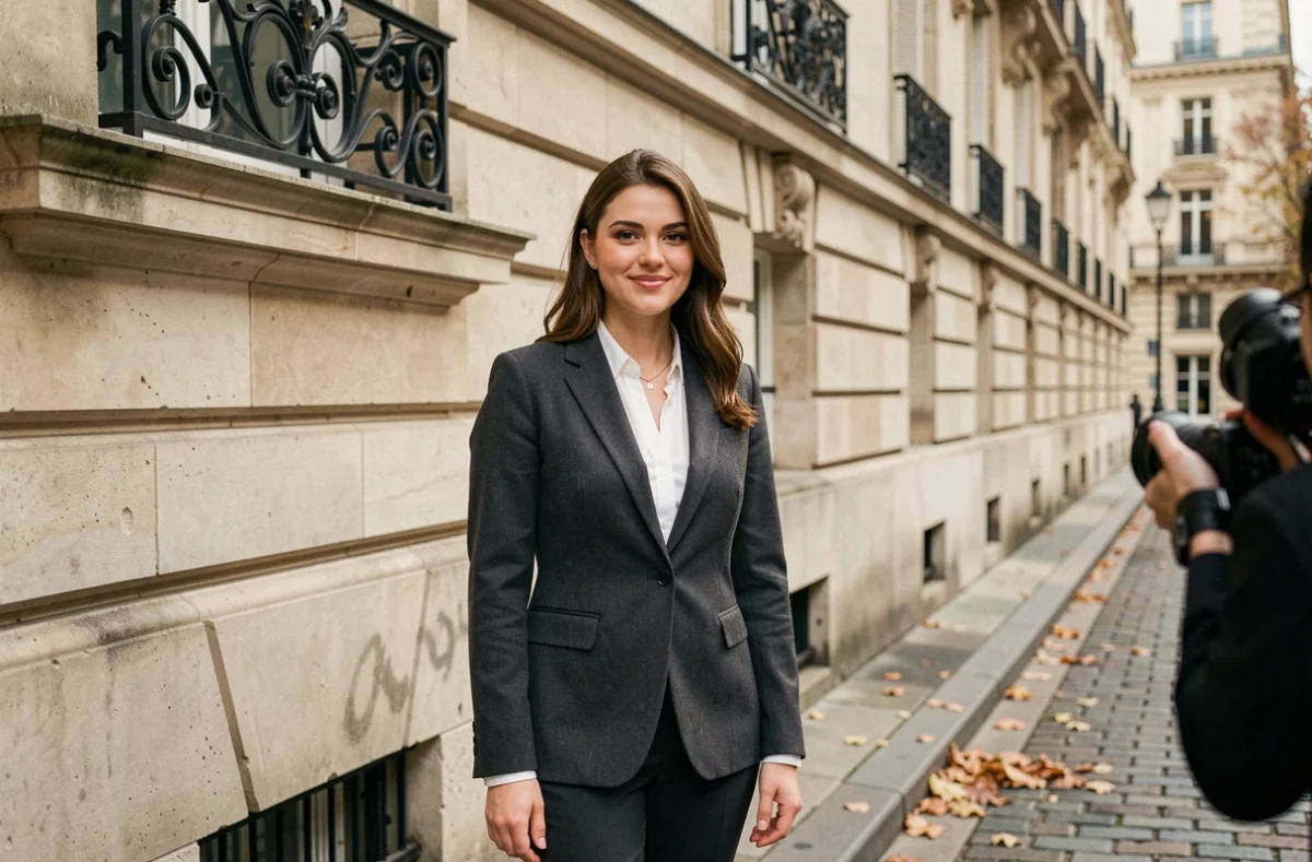 Femme professionnelle posant pour une photo de CV devant une façade haussmannienne à Paris