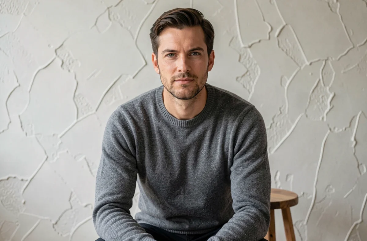 Portrait professionnel d'un homme en studio minimaliste, idéal pour un headshot ou book de comédien