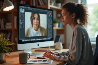 Femme préparant ses fichiers photo sur un ordinateur pour personnaliser un gobelet photo imprimé