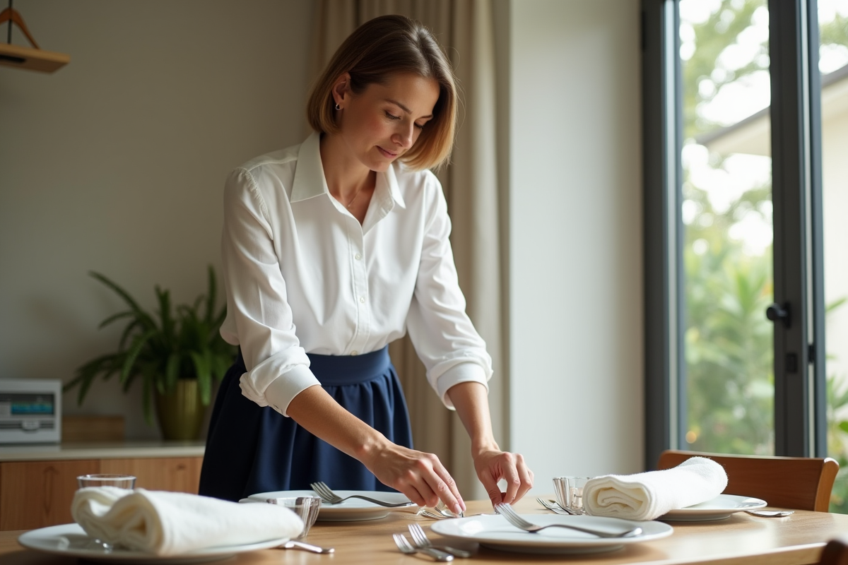 Femme d'âge moyen arrangeant la vaisselle dans une salle à manger lumineuse