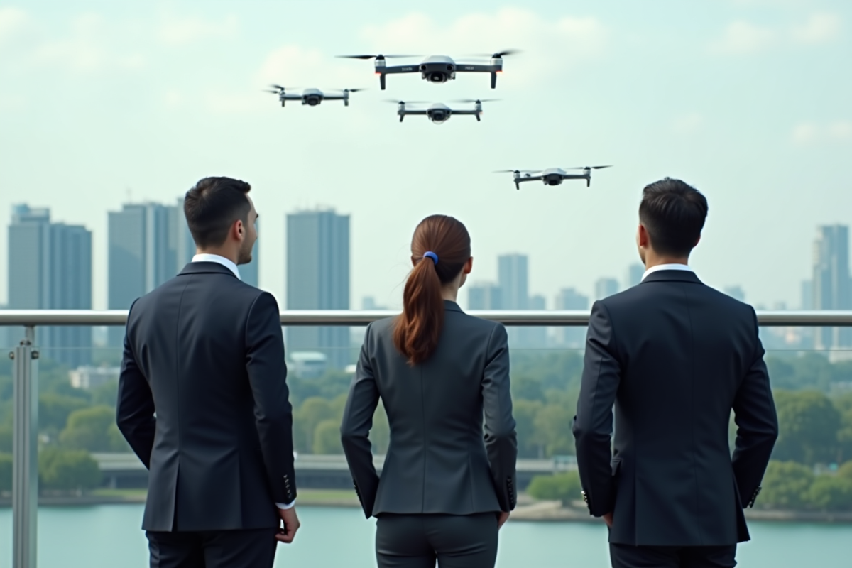 Groupe de professionnels observant des drones en ville
