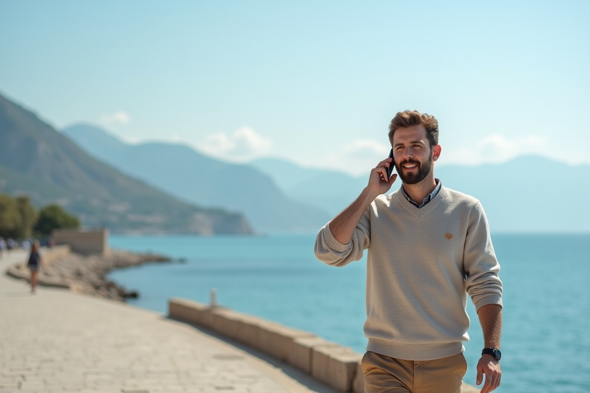 Homme marchant sur la promenade au bord de la mer