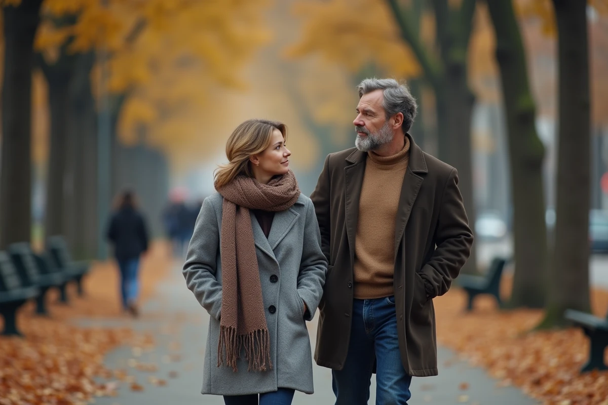 Femme et homme marchant dans un parc automnal