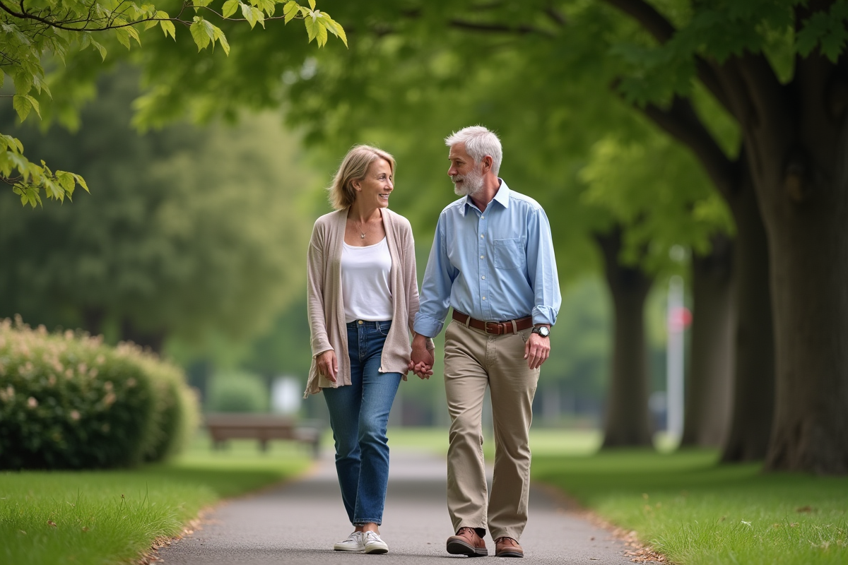 Couple marchant main dans la main dans un parc verdoyant