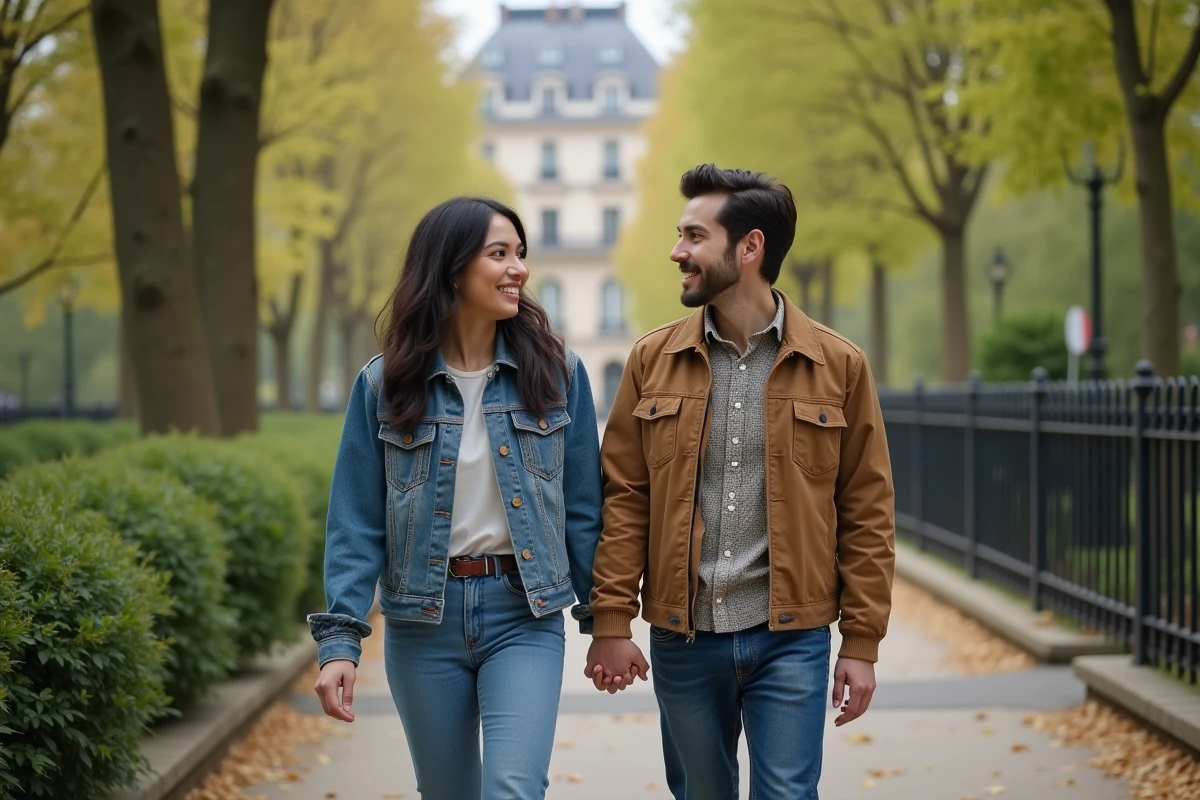 Jeune couple se promenant dans un parc parisien