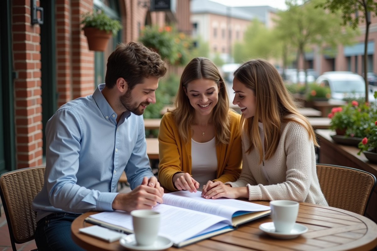 Jeune couple rencontrant une organisatrice de mariage en terrasse
