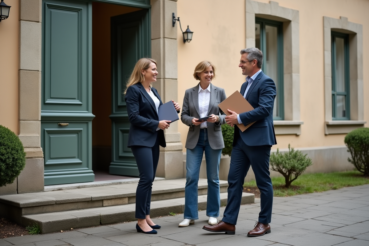 Groupe de trois adultes devant une mairie française
