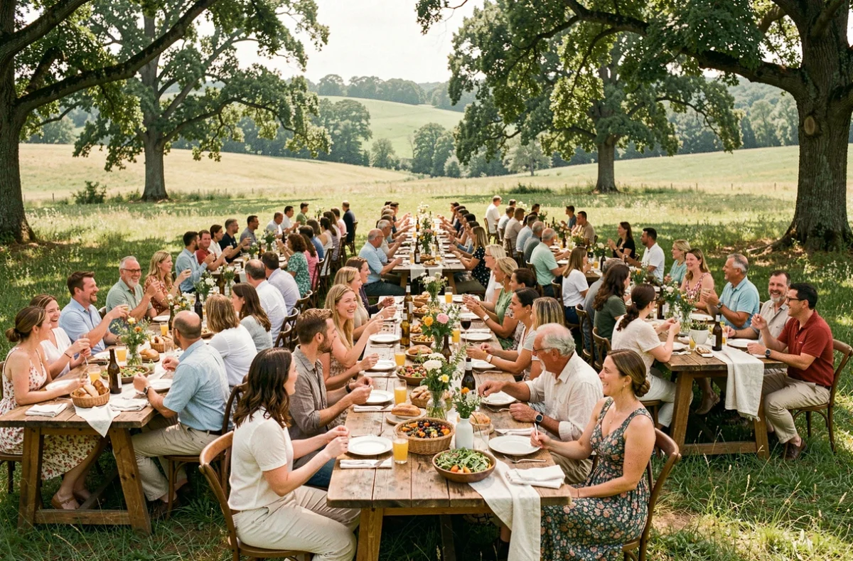 Grande tablée de 100 personnes en plein air dans une prairie avec tables en bois et repas champêtre