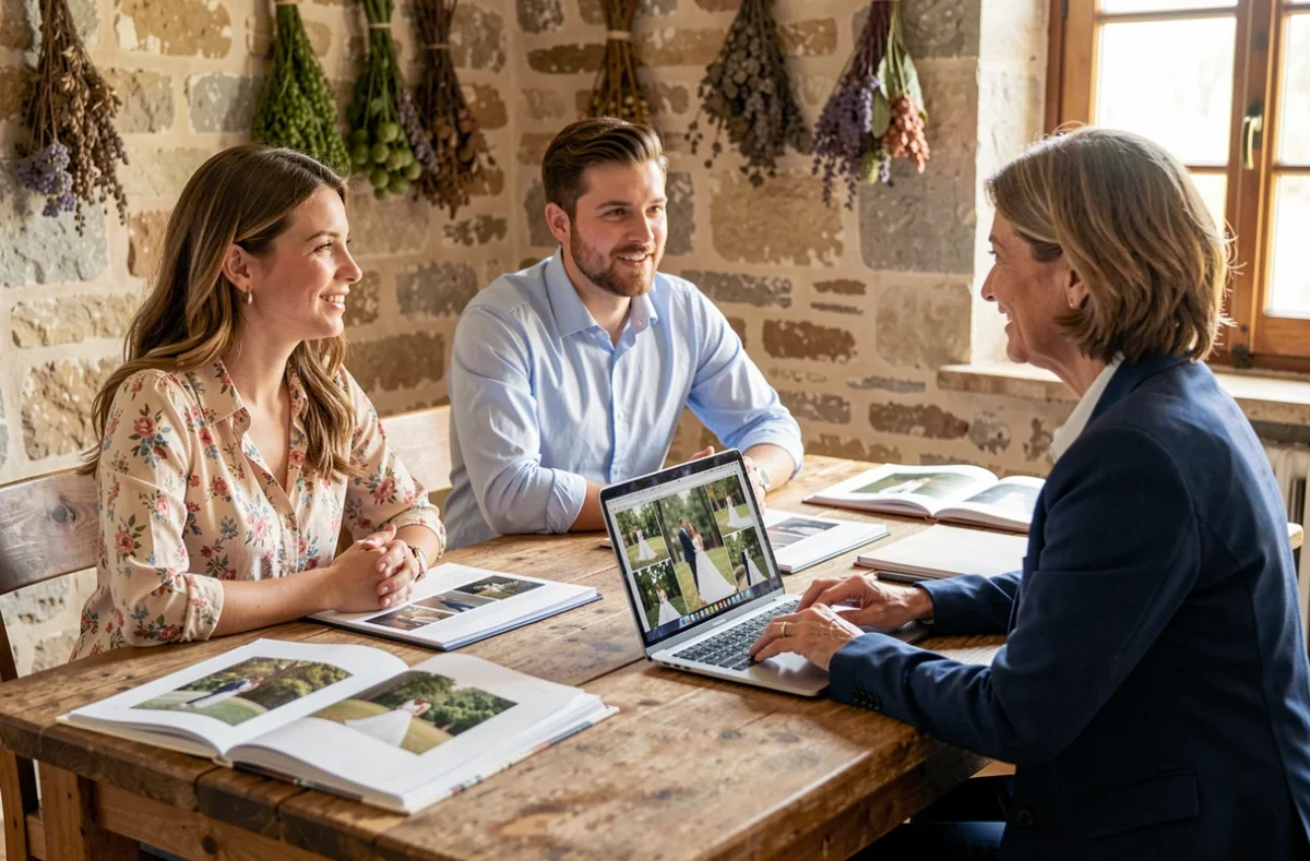 Couple en réunion avec une photographe de mariage pour comparer les offres et les portfolios en Occitanie
