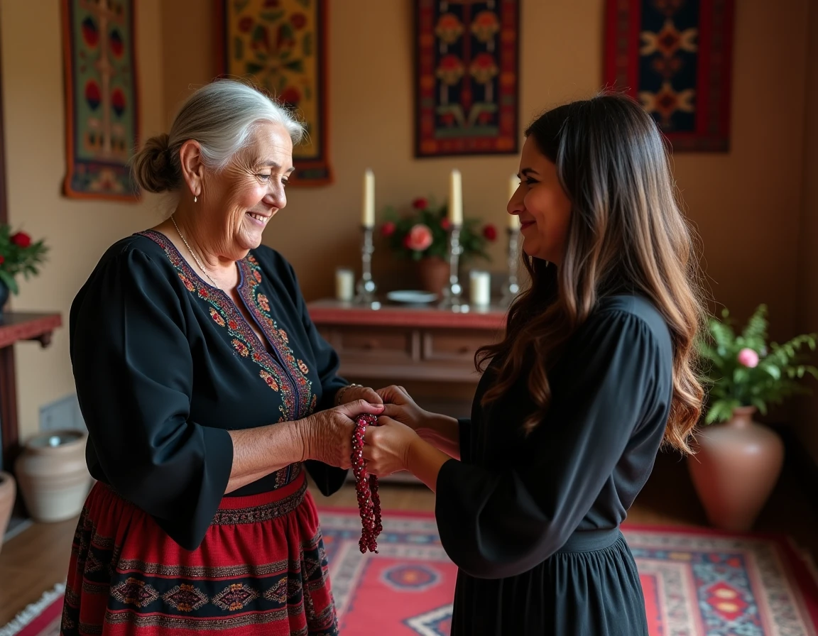Rituel de mariage gitan avec une ancienne liant les mains des jeunes mariés d'un ruban rouge et blanc
